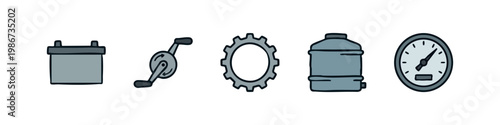Power and utility icons: car battery, crank, gear, water jug, pressure gauge