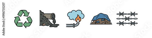 Icons of pollution and safety: recycling symbol, sewage pipe, smoke stack, covered waste, barbed wire