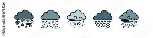 Snowy weather icons: clouds with snowflakes and wind