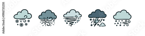 Winter weather icons: snow, wind, and lightning