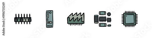 Computer components icons: pins, circuit board, chip, capacitors