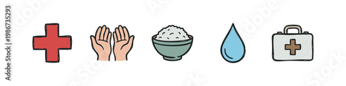 Medical and aid icons: cross, hands, rice bowl, water drop, first aid kit