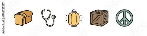 Isolated icons of sliced bread, stethoscope, lantern, crate, and peace sign