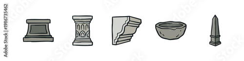 Architectural elements icons: pedestal, column, capital, stone fragment, obelisk