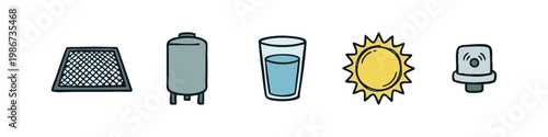 Icons representing water purification, energy, and the sun
