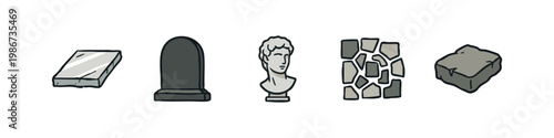 Tombstone and classical sculpture icons: stone slab, tombstone, bust, mosaic, stone block