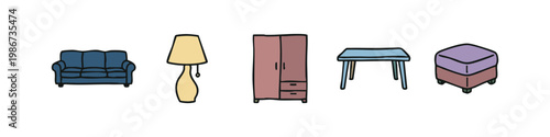 Set of cartoon-style furniture icons on a white background