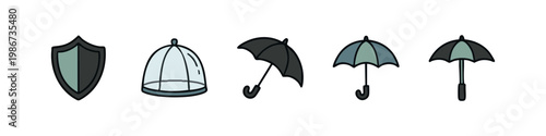 Cartoon icons symbolizing protection, containment, and weather