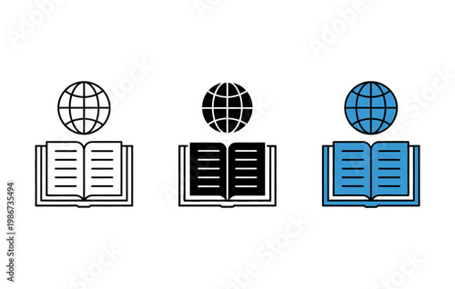 Global education icons collection featuring open book globe symbol international learning online education and digital library concepts for academic design