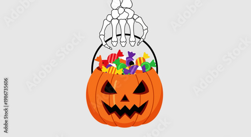 Skeleton hand reaching into a pumpkin bucket filled with Halloween candy.