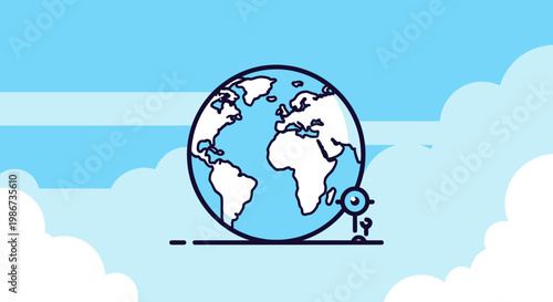 Small figure interacting with a large globe representing global connection.
