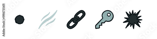 Icons representing security and access: dot, waves, chain, key, explosion.