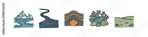 Natural elements: iceberg, river, cave, coral reef, grassy hill.