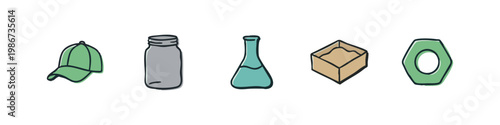 Icons of common objects: cap, jar, flask, box, nut.
