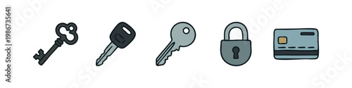 Icons related to keys, locks, and security: vintage key, car key, modern key, padlock, credit card.