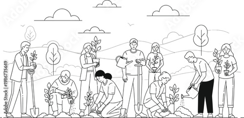 Diverse group of volunteers collaborating to plant young trees in a natural outdoor environment, promoting ecological sustainability and community involvement.