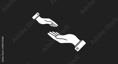 Stylized graphic illustration depicting two human hands reaching out to each other for connection, help, or transaction against a dark background.