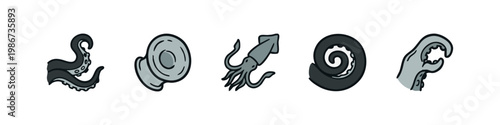 Five cartoon-style marine life icons: tentacles, shell, squid, spiral.