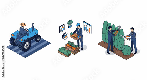 Isometric Farmer Driving Tractor Smart Farming Manager And Professional Landscapers Pruning Hedges In Agricultural Industry Set People Working Collection