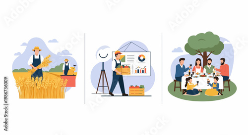 Flat vector illustration of farmers harvesting wheat analyzing data and family enjoying a garden dinner
