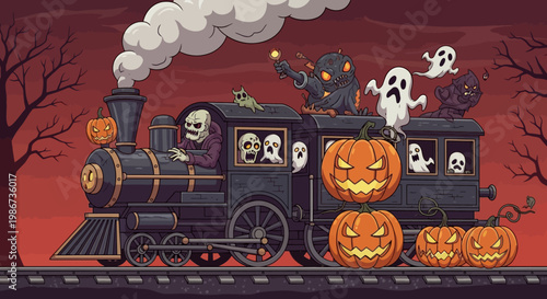 Spooky Halloween Train with Ghosts and Pumpkins.