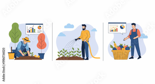Men At Farm Plant Water Pick Crop Use Data To Grow Food Fast Vector Set