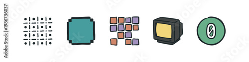Retro technology and pixel icons: patterns, TV, pixel art, game object