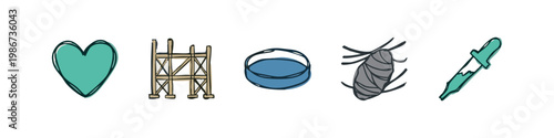 Abstract and science icons: heart, scaffolding, bucket, insect, dropper