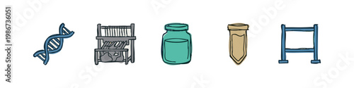 Science and laboratory icons: DNA, centrifuge, vial, test tube, rack