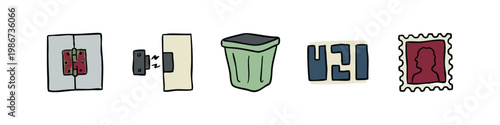 Cute cartoon icons for home security and postal items