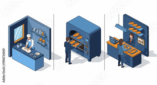 A man kneading dough a man baking and a woman selling bread in a shop