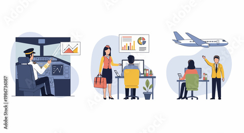 Pilot crew team in air plane at port or office for travel job and work