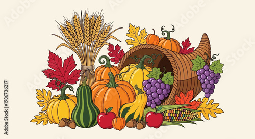 Thanksgiving Cornucopia Abundance with Pumpkins Grapes and Autumn Harvest.