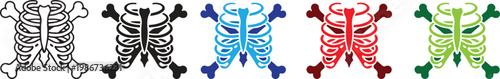 Human skeleton rib cage with crossbones icons in various colors outline and filled styles.