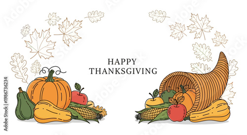 Thanksgiving Harvest Abundance with Cornucopia and Autumn Vegetables.