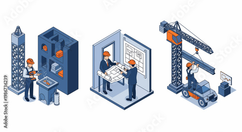 A set of men at work site who build house with tool plan and crane
