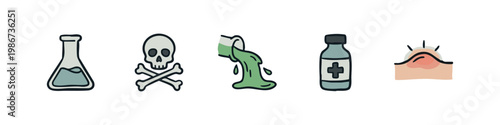 Toxic and Medical Hazard Icon Set with Skull Flask and Skin Inflammation