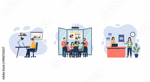 Diverse professional business team members work together in office desks meeting rooms and reception areas