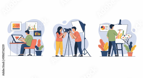 Art job set draw paint snap work man girl pen tool kit icon web flat