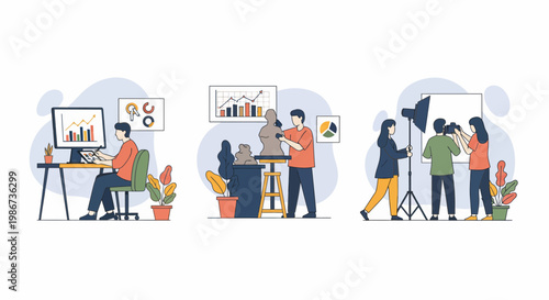 Creative art jobs with designer sculptor photographer working in studio with professional tools and skills vector illustration