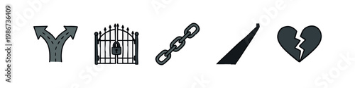 Abstract Concept Icons: Crossroads, Locked Gate, Chain, Road, Broken Heart