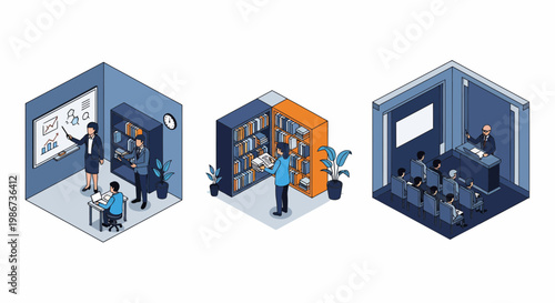 Education sector workers including teacher librarian and lecturer in professional school university settings isometric illustration