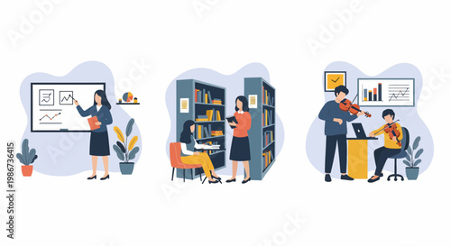 School staff teaching in classroom library and music lesson for student learning and professional development