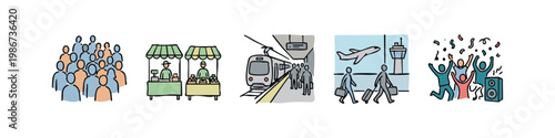 Crowd and Travel Icons: People, Market Stall, Train Station, Airport, Celebration