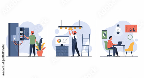 Professional electrician repairing power box technician installing light bulbs and office worker managing energy data analysis