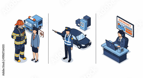 Fire man cop and desk team work to keep city safe and aid fast now