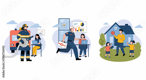 Emergency workers including firefighter and paramedic with office support staff and a happy family at home