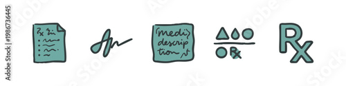 Colored prescription icons: document, signature, prescription, medical formula, rx symbol.