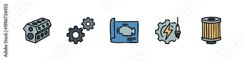 Automotive and engineering icons: engine block, gears, blueprint, lightning, filter.