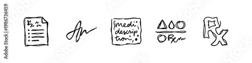 Hand-drawn prescription icons: list, signature, prescription, medical formula, rx symbol.